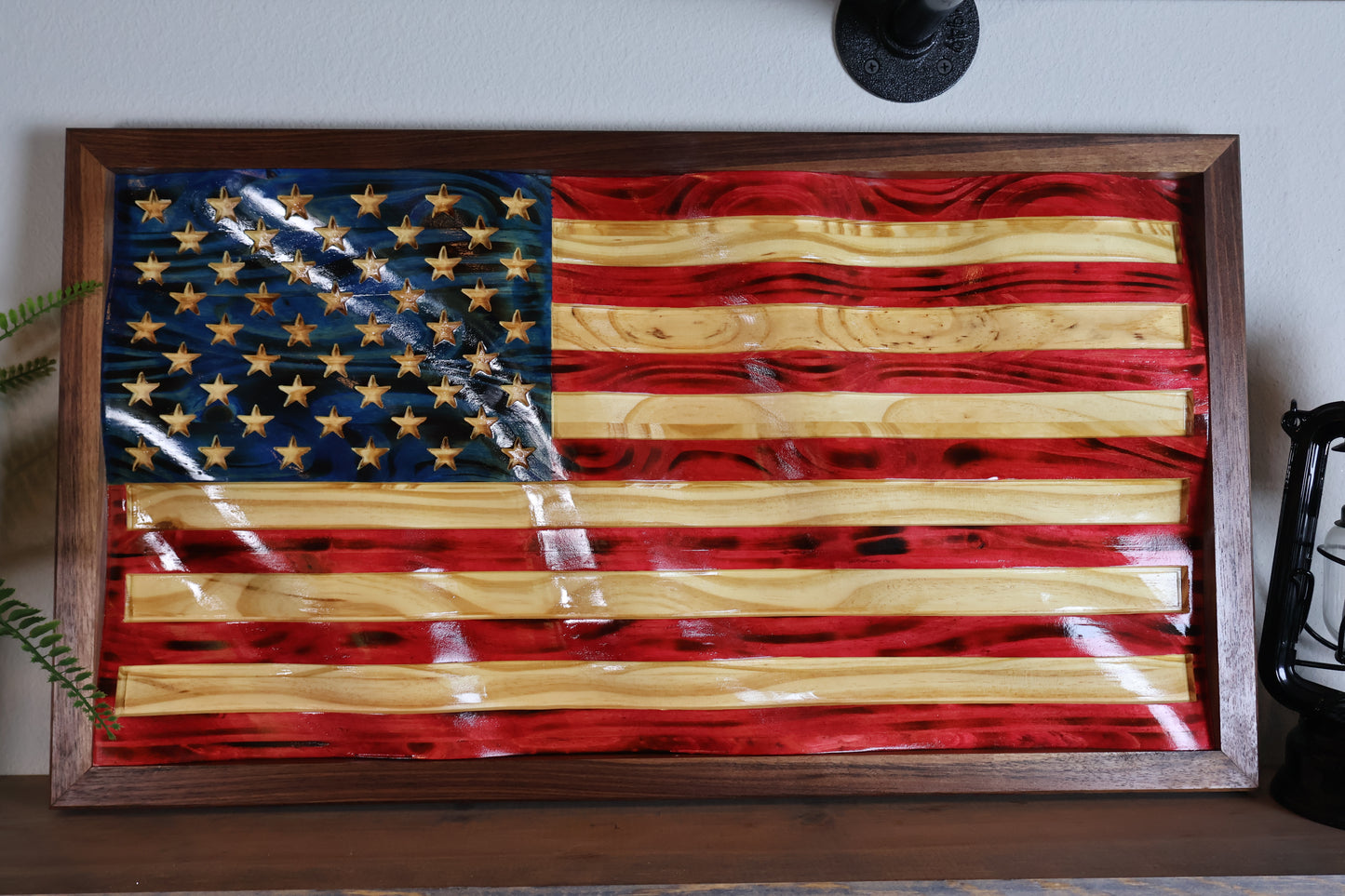 American Flag Wavy Wall Art with Premium Walnut Frame 14" x 26"