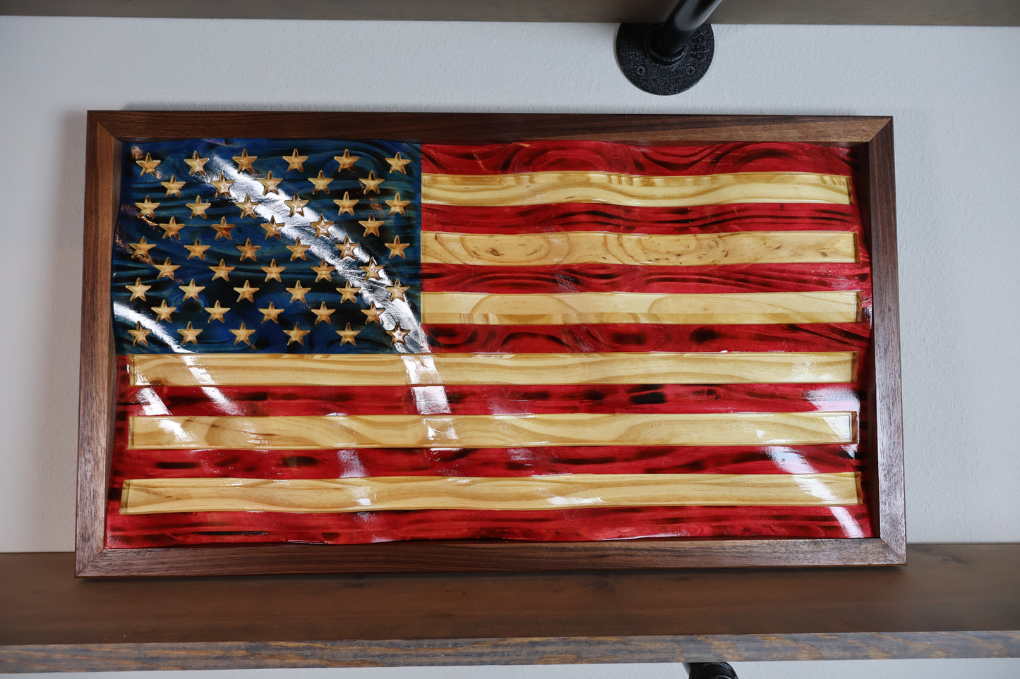 American Flag Wavy Wall Art with Premium Walnut Frame 14" x 26"