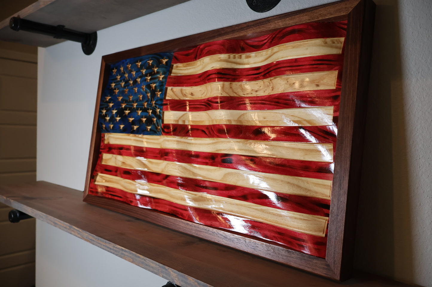 American Flag Wavy Wall Art with Premium Walnut Frame 14" x 26"